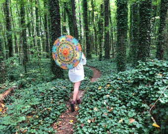 Feather Kaleidoscope Bamboo Parasol, Great For Raves, Music Festivals, And All Outdoor Events