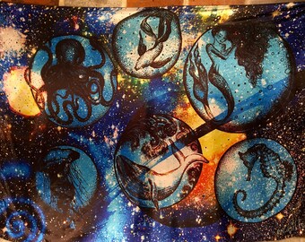 Life In Space Under Sea Tapestry – Mermaid, Jellyfish, Whale, Seahorse, Ocean & Cosmic Art, Multi-Purpose Tapestry, Home Decor, Bandana
