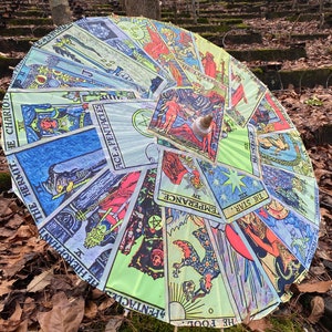 Classic Rider Waite Tarot Card Deck Bamboo Parasol, Includes The High Priestess, The Magician, The Lovers, and more! UV Blacklight Reactive
