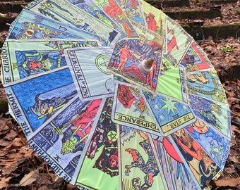 Classic Rider Waite Tarot Card Deck Bamboo Parasol, Includes The High Priestess, The Magician, The Lovers, and more! UV Blacklight Reactive