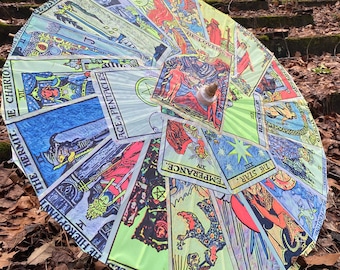 Classic Rider Waite Tarot Card Deck Bamboo Parasol, Includes The High Priestess, The Magician, The Lovers, and more! UV Blacklight Reactive