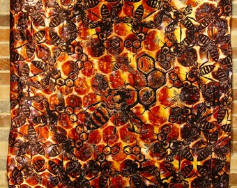 May include: A tapestry featuring a psychedelic design of bees and honeycombs. The background is a swirling mix of orange, yellow, and black. The bees are black and have intricate details. The text "enLIGHTen" is visible in the bottom right corner.