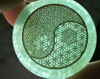 Green Aventurine Crystal Flower Of Life Yin Yang Pendant By Enlighten Clothing Co. Art By Artist Melanie Bodnar. Sacred Geometry Jewelry