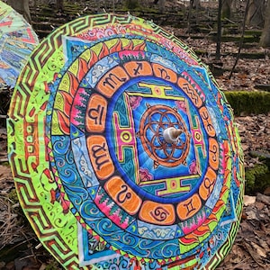 Zodiac Bamboo Parasol – UV Blacklight Reactive Festival Umbrella by Melanie Bodnar