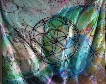 Sacred Geometry Tapestry, Seed of Life, Merkaba, Festival Bandana