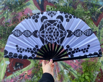 Black And White Metatrons Cube Hand Fan Festival Accessories By Enlighten Clothing Co.