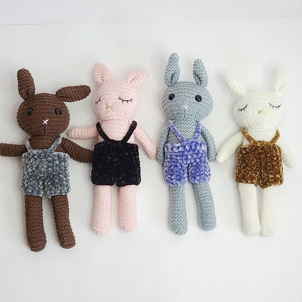 Bunny Doll with Clothing, crochet Velvet Plushie Dress, Soothing baby sleeping toy cloths, Dress and Shorts for bunny toy, Stress toys