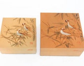 Two Vintage Wooden Nesting Boxes Featuring Engraved Wild Birds On The Lids - Vintage Home Decor, Table Decor, Nesting Boxes