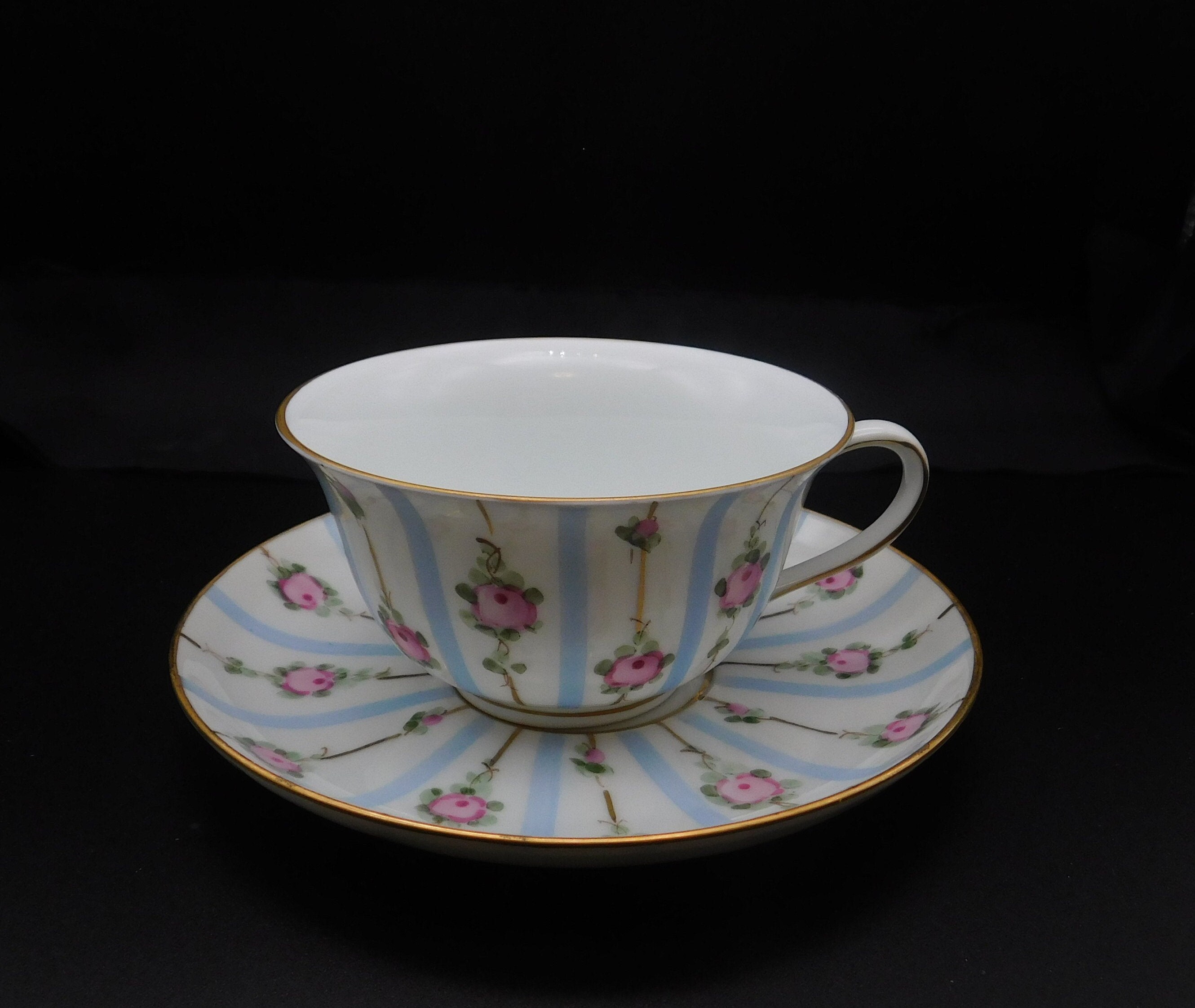 Vintage Limoges France Porcelain Tea Cup & Saucer with Light Blue
