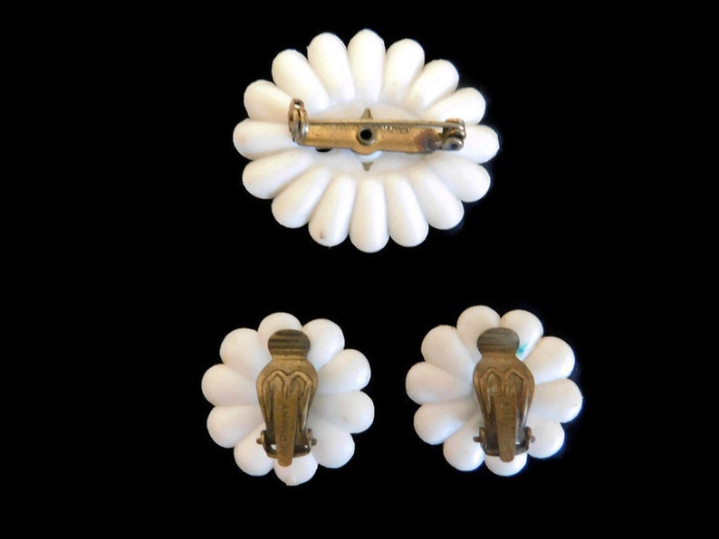 Early Plastic Jewelry Vintage Signed Germany Celluloid and AB Rhinestone Flower Brooch and Matching Clip Earrings Celluloid Jewelry