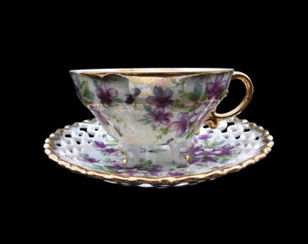 Vintage Royal Sealy China Reticulated Tea Cup & Saucer Set with Hand-Painted Purple Violets on a Iridescent Background and Gold Gilt.