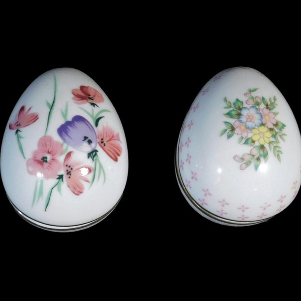Two Vintage Porcelain Hand-Painted Floral Egg Trinket Boxes, Made in Japan - Easter Eggs, Vintage Trinket Boxes, Easter Decor