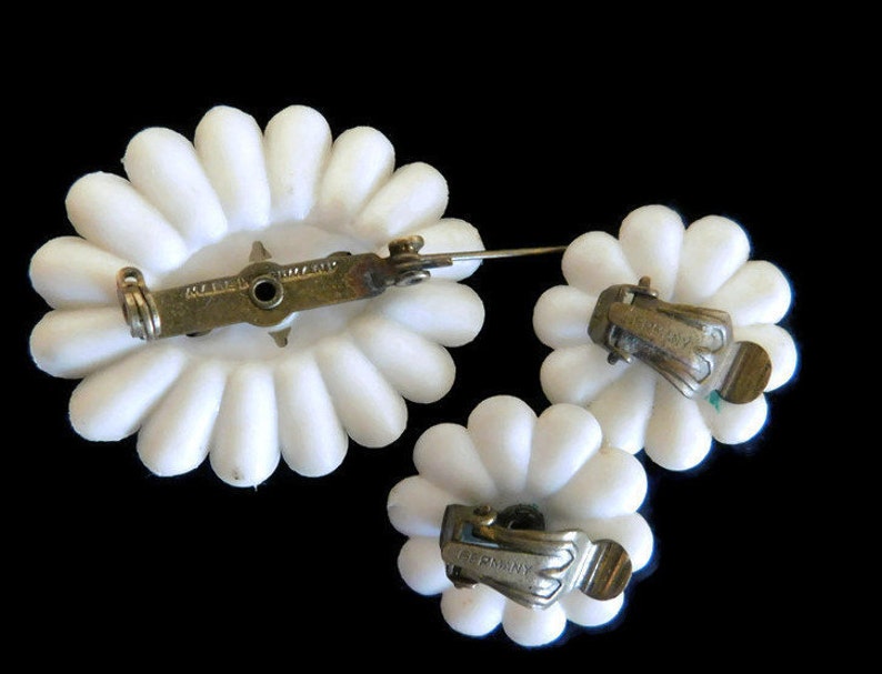 Early Plastic Jewelry Vintage Signed Germany Celluloid and AB Rhinestone Flower Brooch and Matching Clip Earrings Celluloid Jewelry