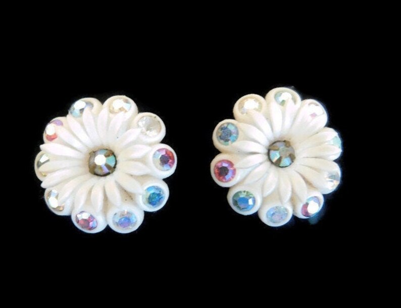 Early Plastic Jewelry Vintage Signed Germany Celluloid and AB Rhinestone Flower Brooch and Matching Clip Earrings Celluloid Jewelry