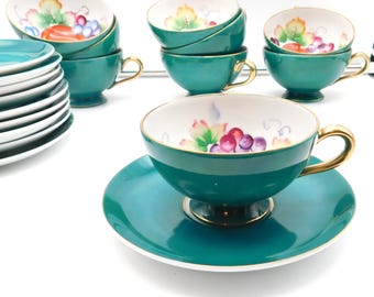 Lot of 9 (Nine) Vintage Ucagco Tea Cup and Saucer Sets, Green with Fruit Pattern Inside Each Cup