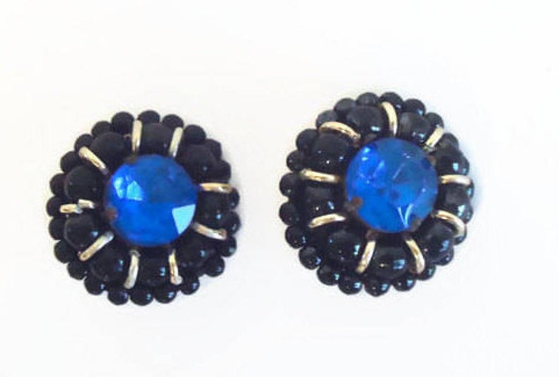 Vintage Blue Rhinestone /& Black Beaded Clip Style Earrings Black Jewelry Beaded Earrings Vintage Earrings Clip On Style Earrings