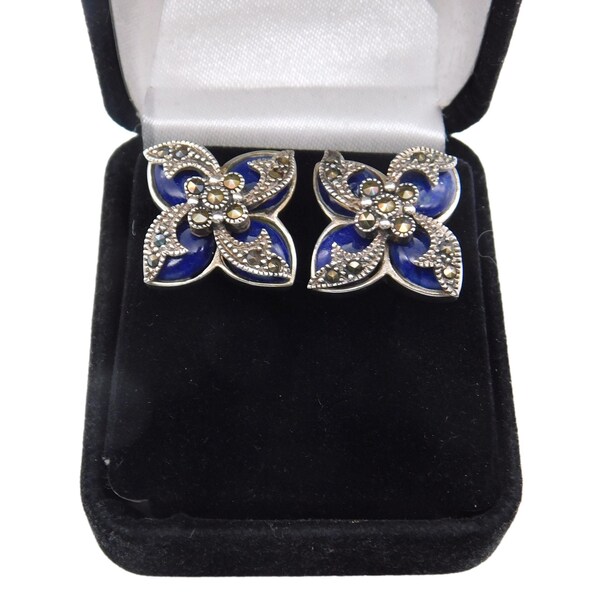 Vintage FAS, 925 Silver, Marcasite & Genuine Lapis Flower Pierced Earrings in Original Box - Vintage Marcasite Jewelry, Pierced Earrings