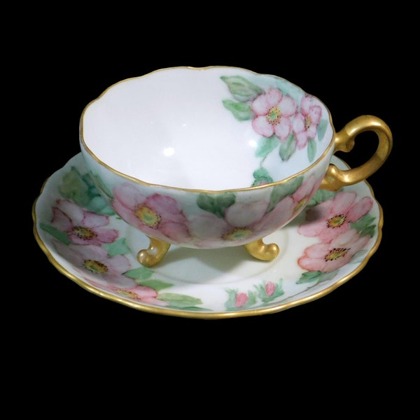 Vintage Pink Floral Tea Cup & Saucer Set, Hand-Painted and Signed by Artist - Vintage Tea Cup Sets, Vintage Painted China