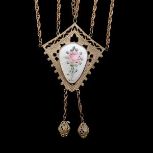 Antique/Vintage Art Deco Gold Tone Dangle Necklace with a Pink Rose Guilloche Center, Early 1900&#39;s Era