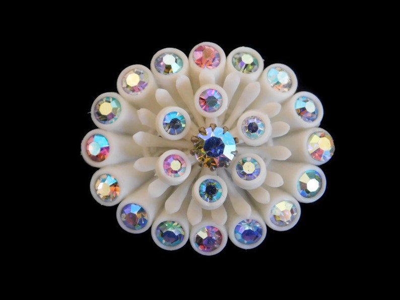Early Plastic Jewelry Vintage Signed Germany Celluloid and AB Rhinestone Flower Brooch and Matching Clip Earrings Celluloid Jewelry