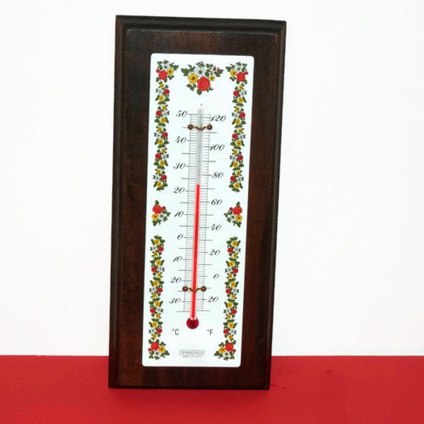 Vintage Indoor/Outdoor Hanging Thermometer on Wood Base by Springfield, Outdoor/Indoor Decor, Weather Thermometer, Vintage Wall Decor