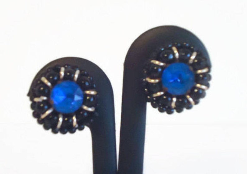 Vintage Blue Rhinestone /& Black Beaded Clip Style Earrings Black Jewelry Beaded Earrings Vintage Earrings Clip On Style Earrings