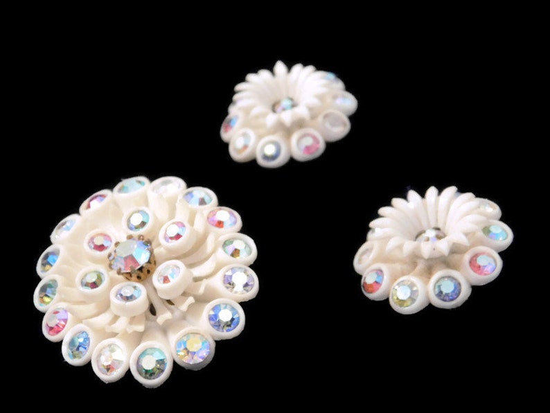 Early Plastic Jewelry Vintage Signed Germany Celluloid and AB Rhinestone Flower Brooch and Matching Clip Earrings Celluloid Jewelry