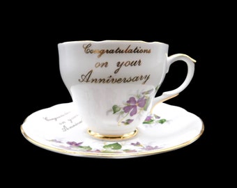 Vintage Duchess Bone China "Congratulations on Your Anniversary" Tea Cup & Saucer, Hand-Painted Violets, Excellent Condition!