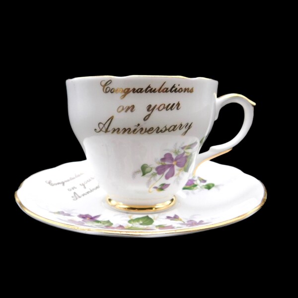 Vintage Duchess Bone China "Congratulations on Your Anniversary" Tea Cup & Saucer, Hand-Painted Violets, Excellent Condition!