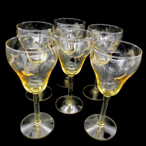RESERVED for Sania - Set of Six (6) Vintage Yellow Wine/Water Glasses with Flower Etchings, Gorgeous Glasses! - Vintage Glassware