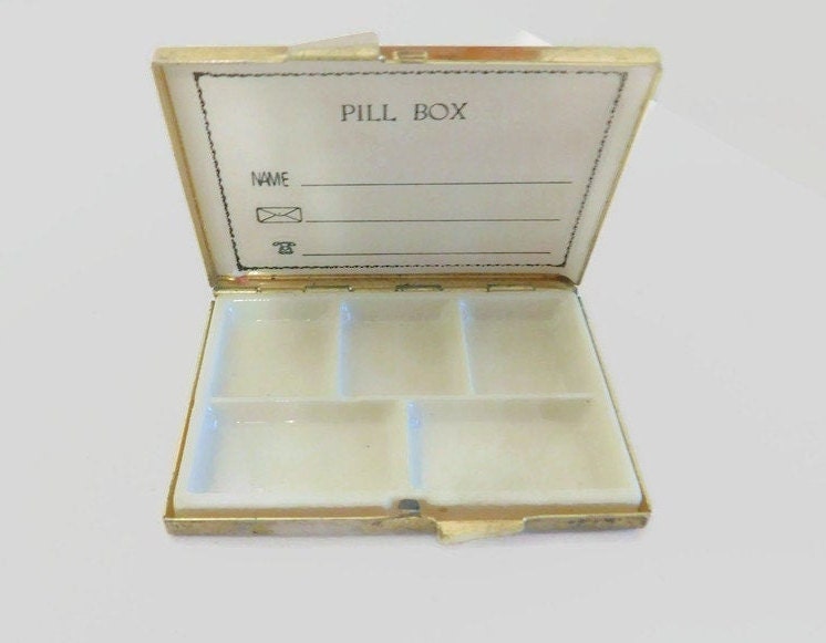 Vintage Dark Yellow/Gold Colored Enamel Floral Pill Box with Sections