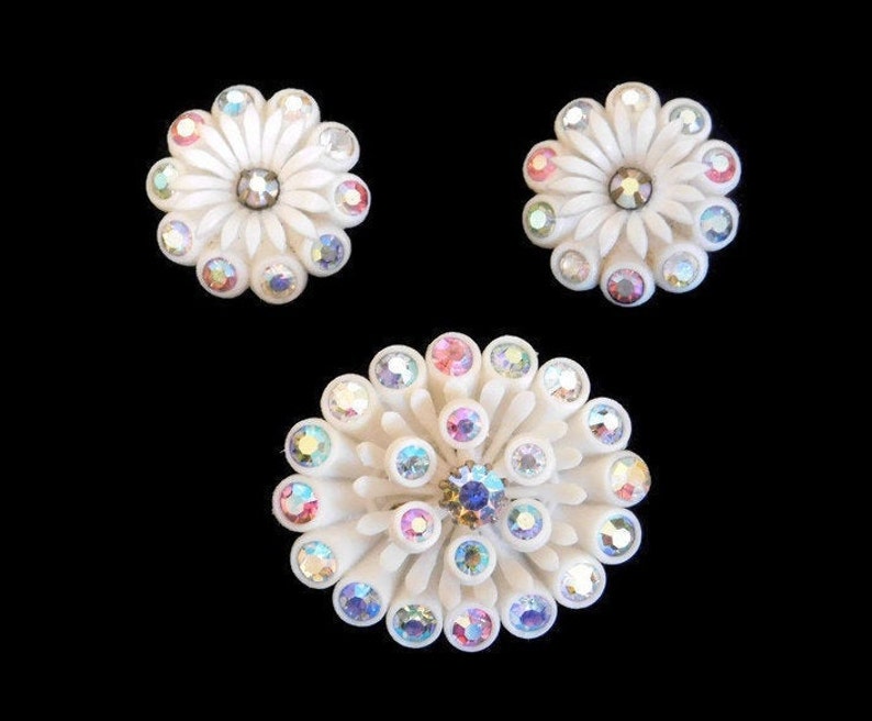 Early Plastic Jewelry Vintage Signed Germany Celluloid and AB Rhinestone Flower Brooch and Matching Clip Earrings Celluloid Jewelry