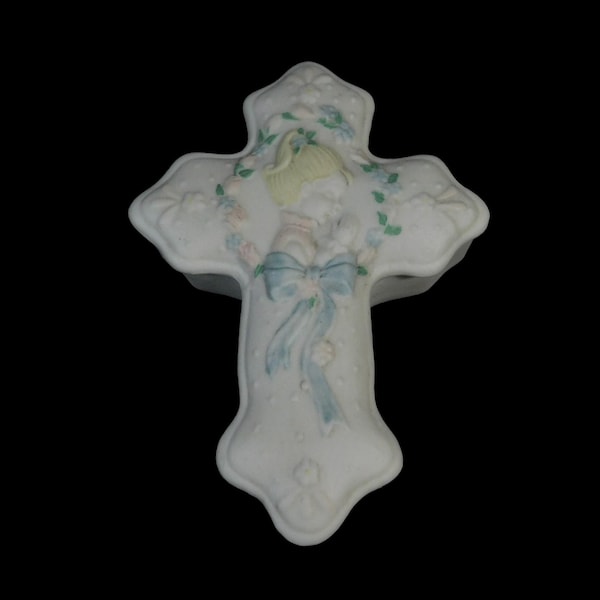 Vintage Bisque Porcelain Cross Trinket Box with Little Girl Praying, Excellent Condition! -  Trinket Boxes, Keepsake Box, Religious Decor