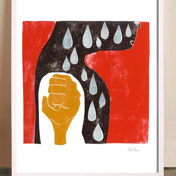 Heaven and Hell - Art Print, Red, Tears, Galley Art, Clinched Fist, Silouhette, Graphic Art, Happy and Sad, Processing Pain, Outsider Art