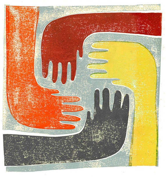 Vier Hände Kunstdruck, gelb, Orange, rot, Kinder kunst, Block Druck, multikulturell, Dekor, Kultur, bunt, Teilen, hell, Teilen Vier Hände Kunstdruck, gelb, Orange, rot, Kinder kunst, Block Druck, multikulturell, Dekor, Kultur, bunt, Teilen, hell, Teilen