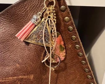 HANDMADE Pink Purse/Bag/Keychain/Zipper Pull CHARM DANGLE made with a Handmade Upcycled Paper Charm & Beads + Pink Tassel. One of a Kind!