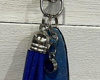 Handmade Small BLUE UPCYCLED DANGLE with "Paper Charm" – Purse Keychain Accessory.  One of a Kind Bag Accessory.