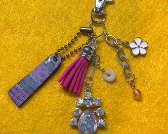 HANDMADE Pink Gray Purse/Bag/Keychain/Zipper Pull CHARM DANGLE made with Handmade Upcycled PaperCharm & Beads + Pink Tassel. One of a Kind!