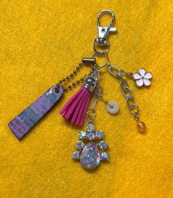 HANDMADE Pink Gray Purse/bag/keychain/zipper Pull CHARM  Upcycled Pink And Purple Keychain main image 0