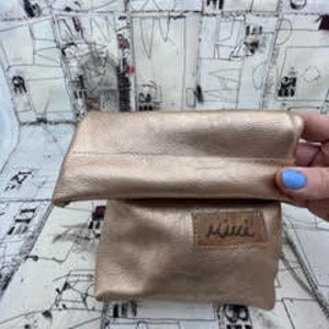 Rose Gold Metallic LEATHER ROLL CLUTCH Snapbag - Designer Print - Stylish and Modern - Purse or Travel Bag - Handmade by Mimi - Bag 19