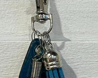 Handmade Small Teal BLUE UPCYCLED DANGLE with "Paper Charm" – Purse Keychain Accessory.  One of a Kind Bag Accessory.