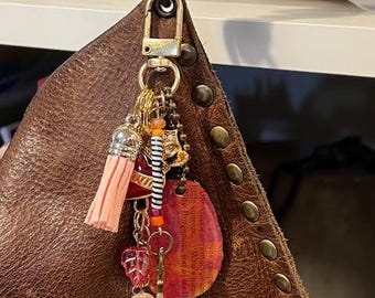 HANDMADE Pink Purse/Bag/Keychain/Zipper Pull CHARM DANGLE made with a Handmade Upcycled Paper Charm & Beads + Pink Tassel. One of a Kind!
