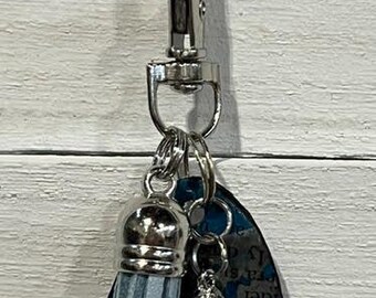Handmade Small Teal BLUE UPCYCLED DANGLE with "Paper Charm" – Purse Keychain Accessory.  One of a Kind Bag Accessory.