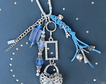 Handmade Blue & Silver Purse/Bag/Keychain/Zipper Pull OVERSIZED CHARM DANGLE made with Vintage Jewelry from Paris and Italy. One of a Kind!