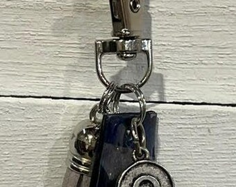 Handmade Small GRAY UPCYCLED DANGLE with "Paper Charm" – Purse Keychain Accessory.  One of a Kind Bag Accessory.