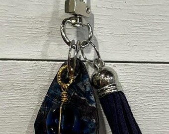 Handmade Small BLUE UPCYCLED DANGLE with "Paper Charm" – Purse Keychain Accessory.  One of a Kind Bag Accessory.