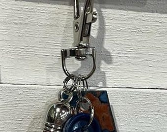 Handmade Small BLUE UPCYCLED DANGLE with "Paper Charm" – Purse Keychain Accessory.  One of a Kind Bag Accessory.