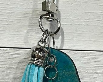 Handmade Small Teal GREEN UPCYCLED DANGLE with "Paper Charm" – Purse Keychain Accessory.  One of a Kind Bag Accessory.