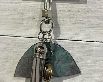 Handmade Small GRAY UPCYCLED DANGLE with "Paper Charm" – Purse Keychain Accessory.  One of a Kind Bag Accessory.