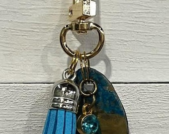 Handmade Small BLUE UPCYCLED DANGLE with "Paper Charm" – Purse Keychain Accessory.  One of a Kind Bag Accessory.